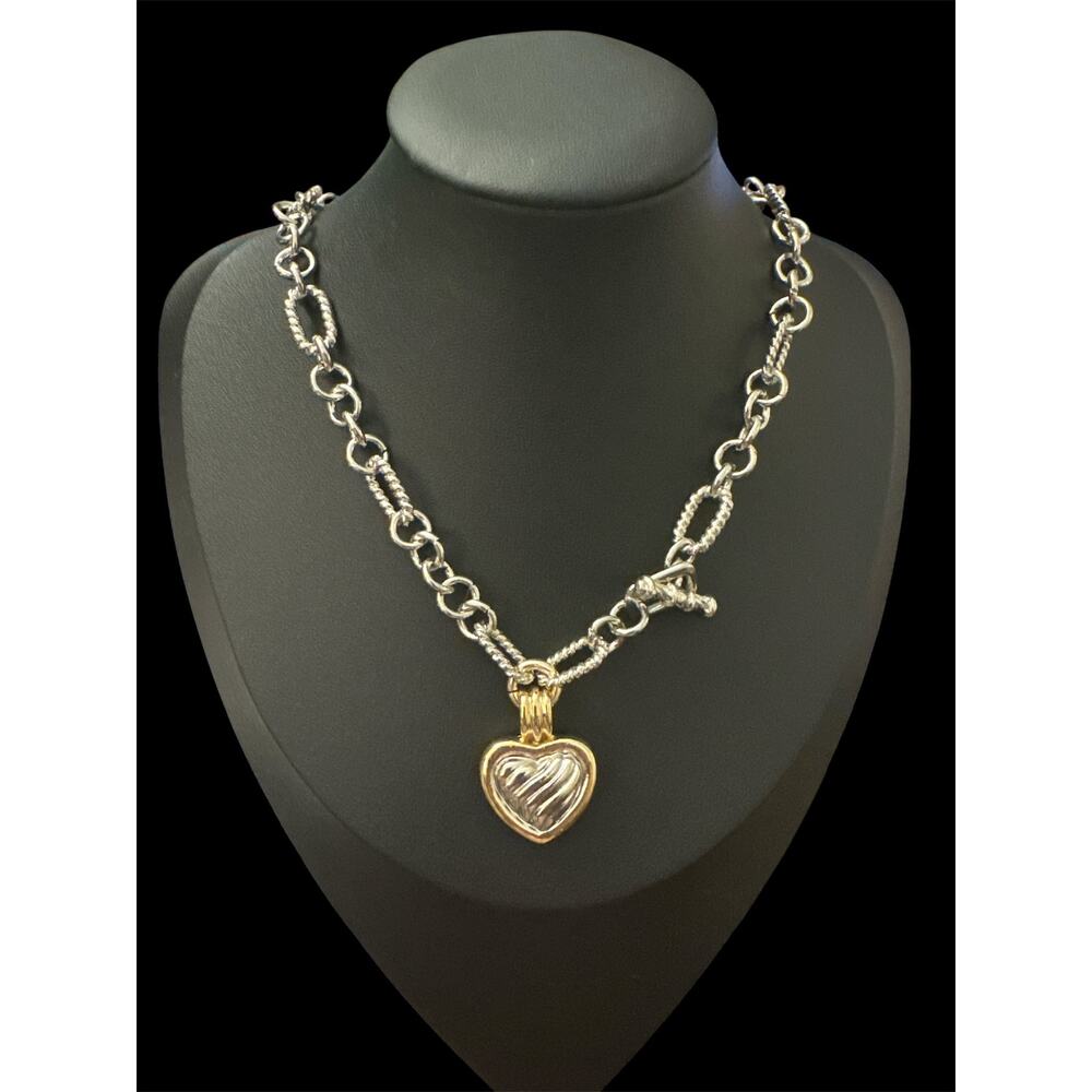 Two Tone Heart Necklace Toggle Closure 17.5"